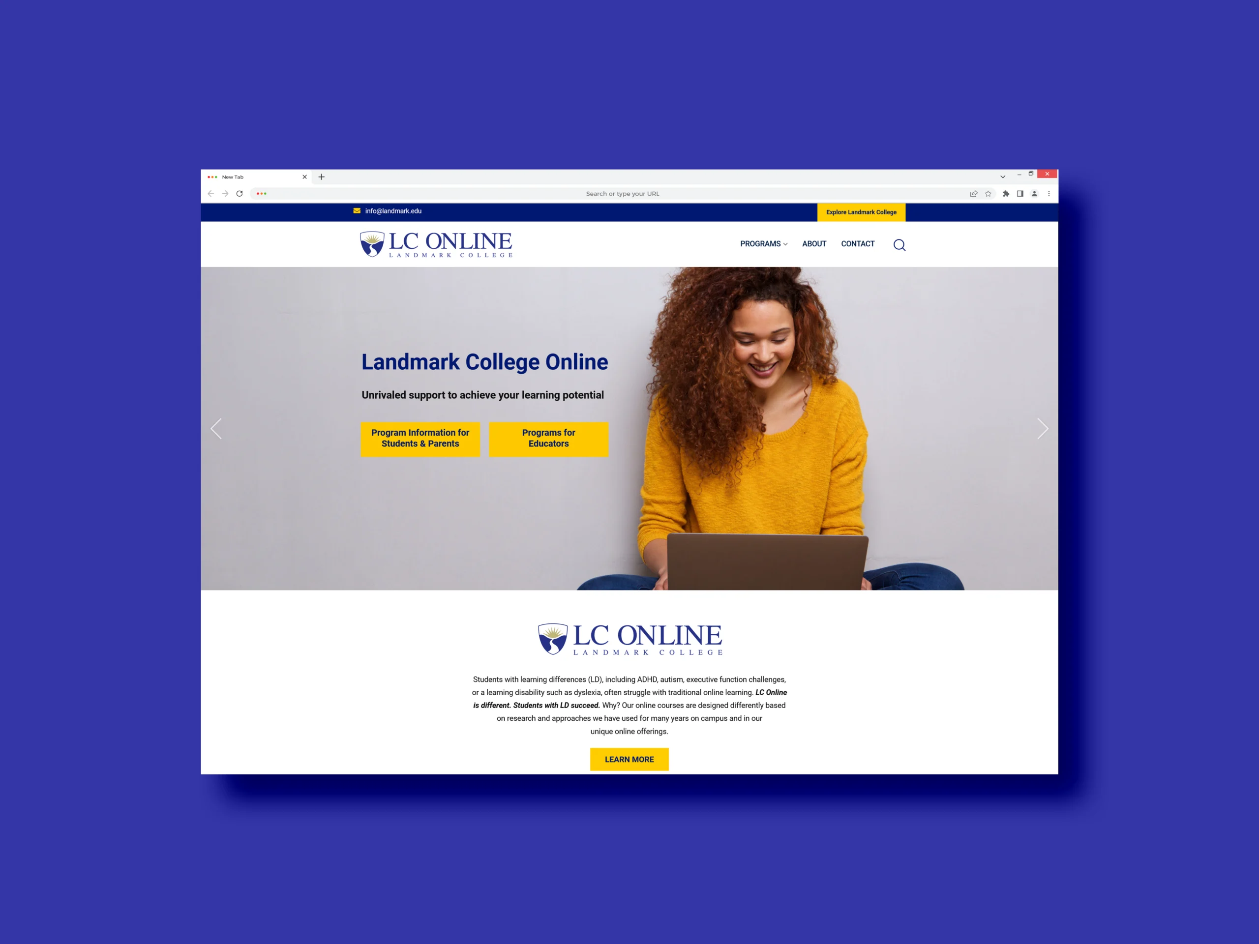 Screenshot of Online college website designed by Heather Weir, Graphic and Web Designer